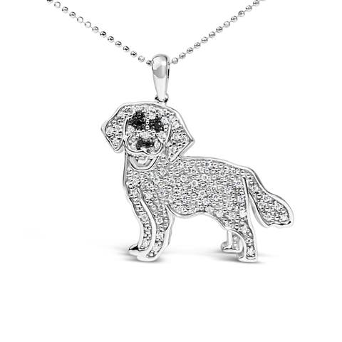 Silver 1/3 Cttw White and Black Diamond Labrador Retriever Dog Pendant Necklace