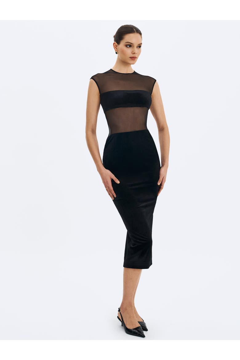Quielle Mesh and Velvet Midi Bodycon Dress, Alternate, color, Black