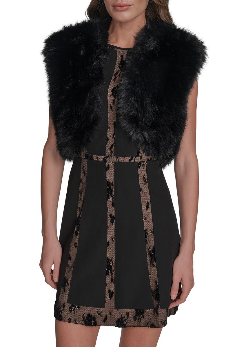 BCBG Faux Fur Sleeveless Shrug, Alternate, color, Black