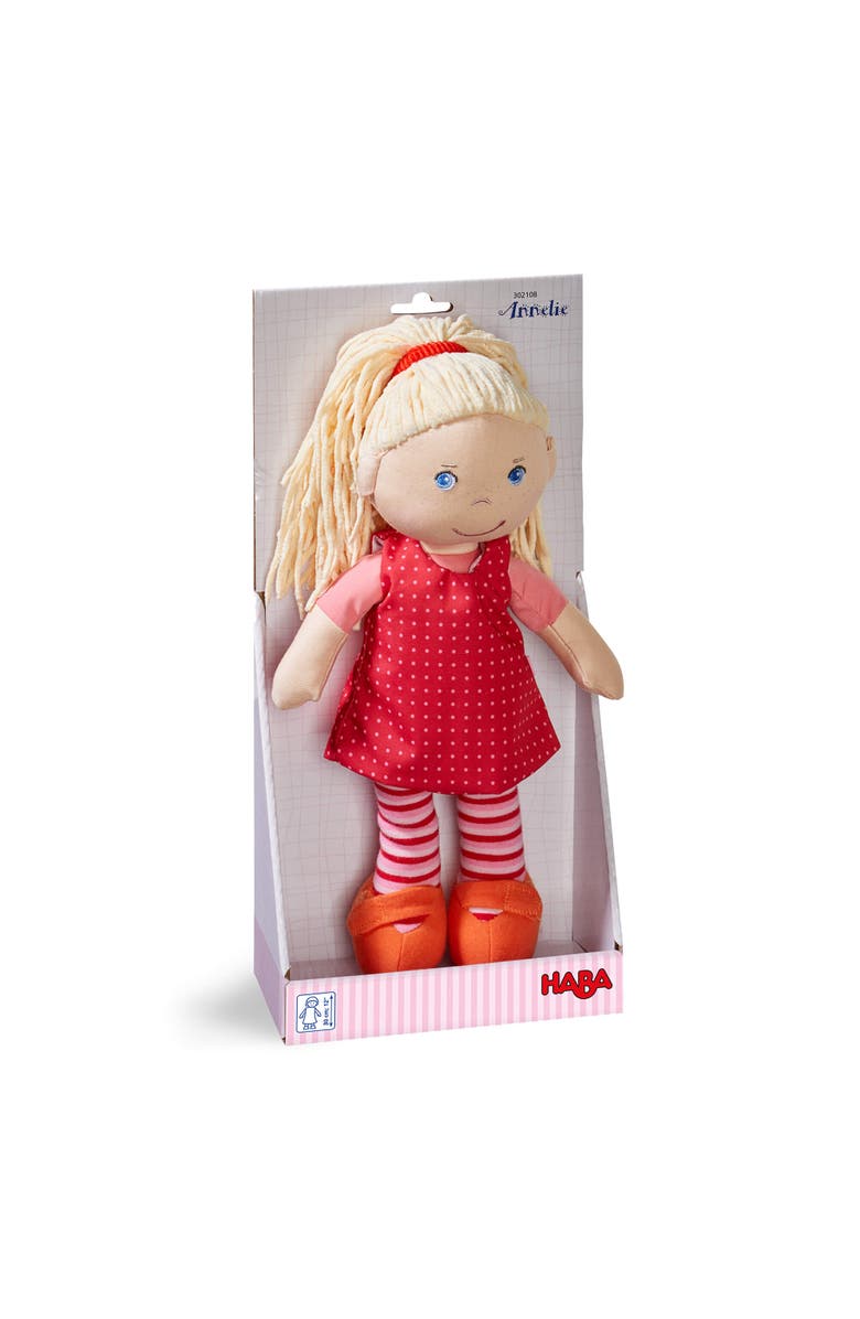 HABA 12" Soft Baby Doll Annelie with Blonde Hair, Embroidered Face, Removable Red Dress and Matching Hairband - Washable Toddler Doll for 18 Months+, Alternate, color, Red Multi