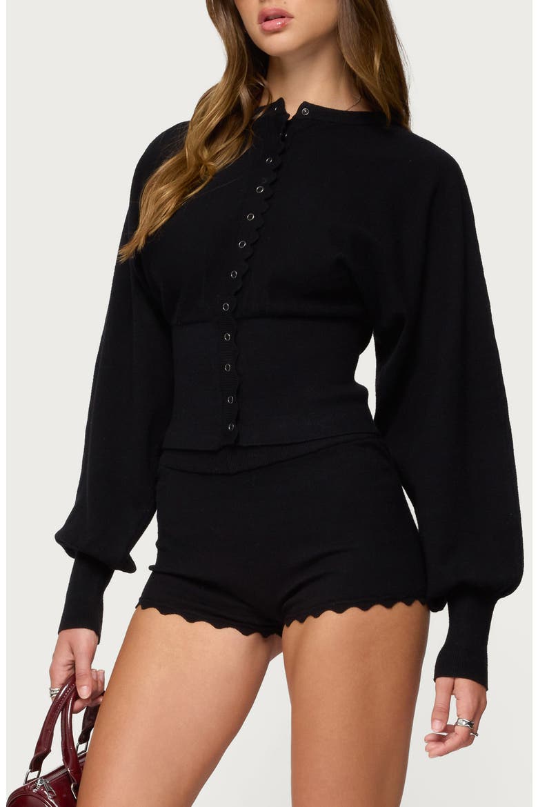 Maizy Puff Sleeve Scallop Detail Cardigan, Alternate, color, BLACK