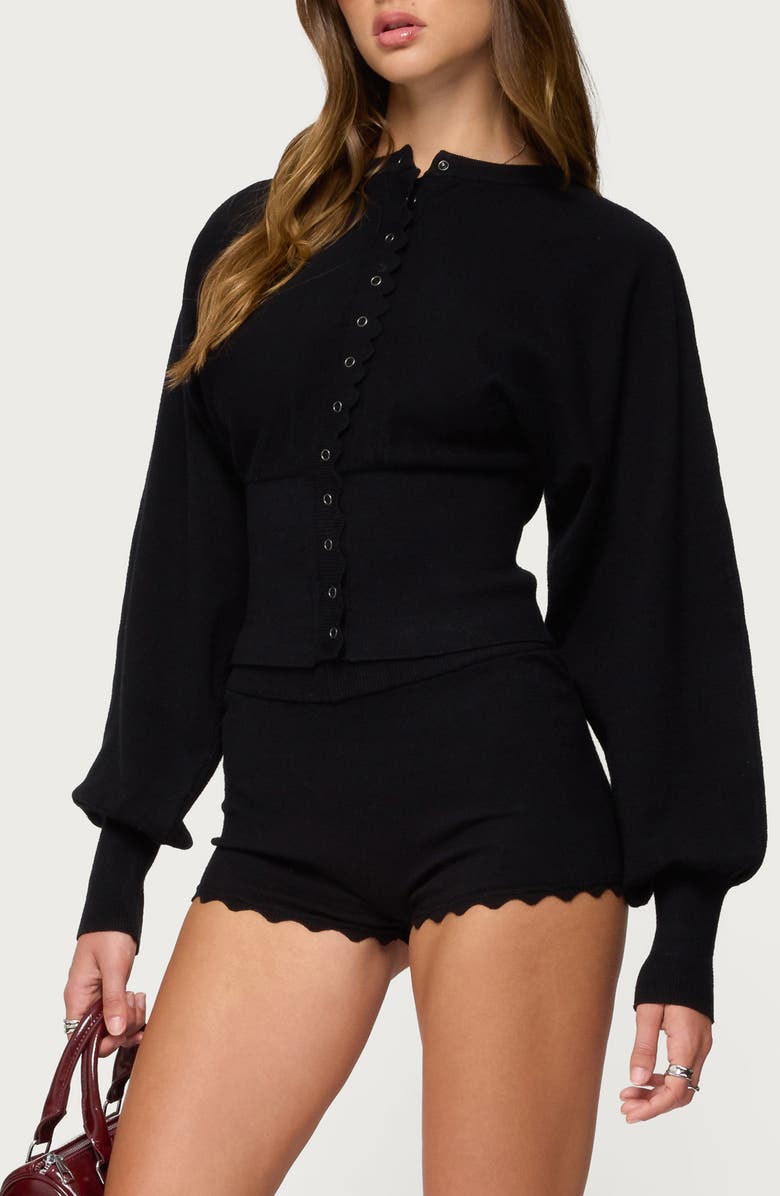 EDIKTED Maizy Puff Sleeve Scallop Detail Cardigan, Alternate, color, Black