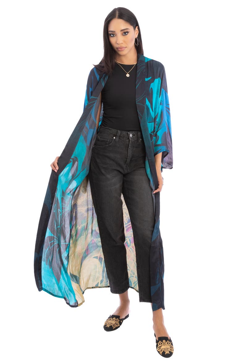 Abstract Floral Polychromatic Longline Duster, Alternate, color, BLUE