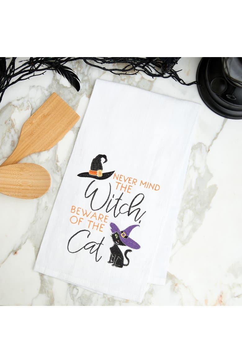 Beware of The Cat Halloween Cotton Embroidered Flour Sack Kitchen Towel, Alternate, color, White