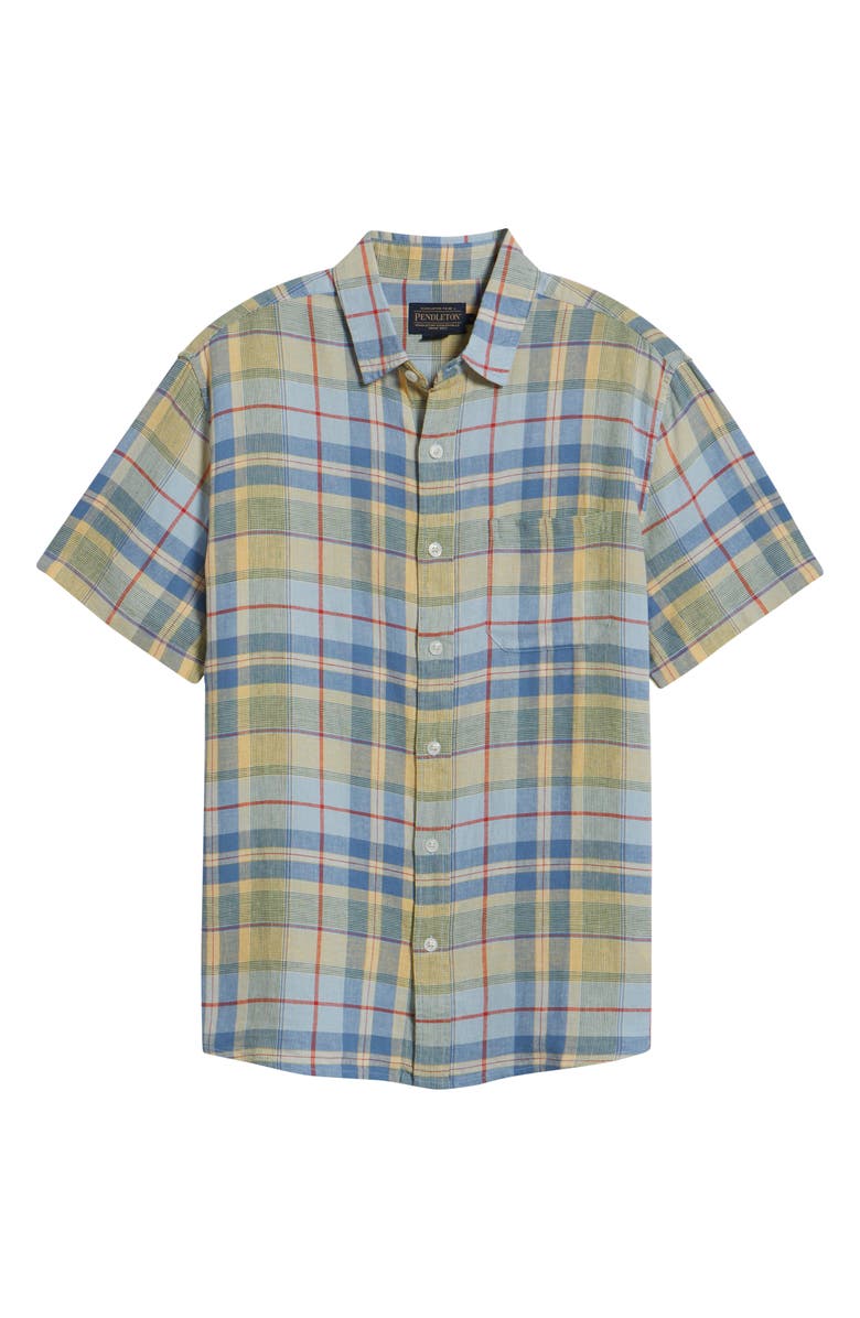 Pendleton Dawson Plaid Short Sleeve Linen Blend Button-Up Shirt, Alternate, color, Blue Multi Plaid