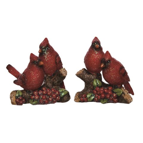 Resin Glitz Cardinal On Branch Set of 2 Christmas Decor