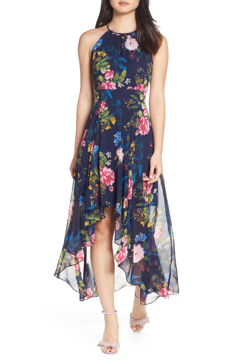 Eliza J Floral Print Chiffon High/Low Halter Midi Dress, Main, color, 