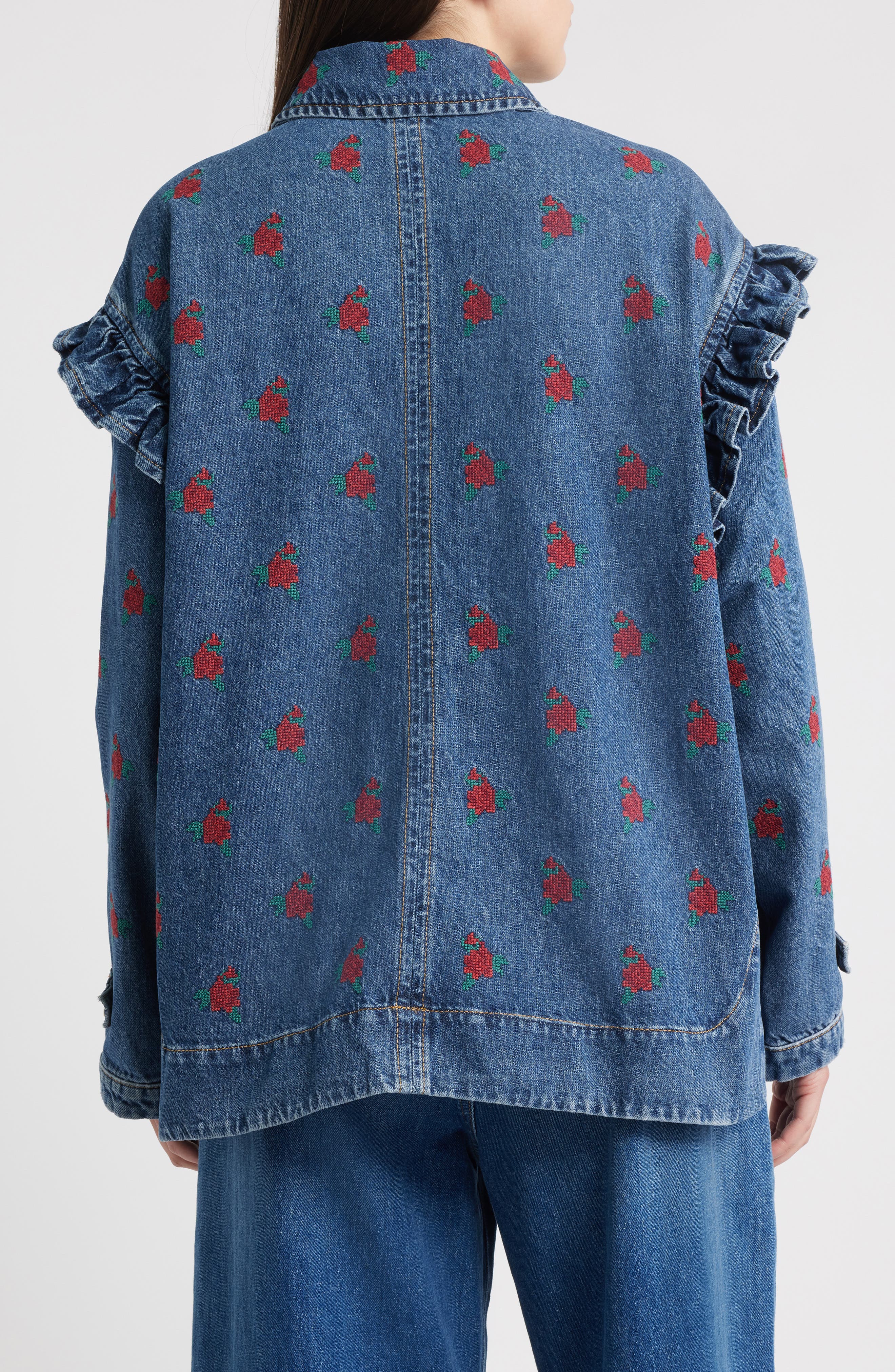 Floral Cross Stitch Denim Jacket - image 2