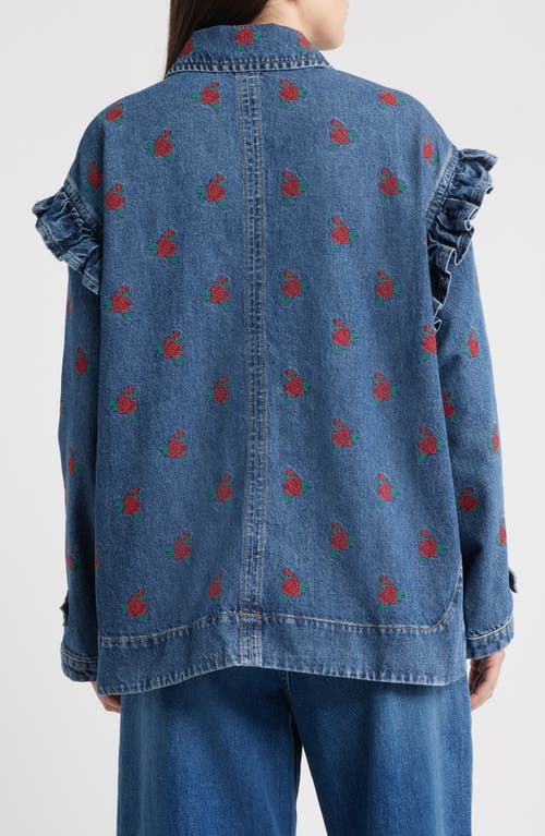 Farm Rio Floral Cross Stitch Denim Jacket In Blue