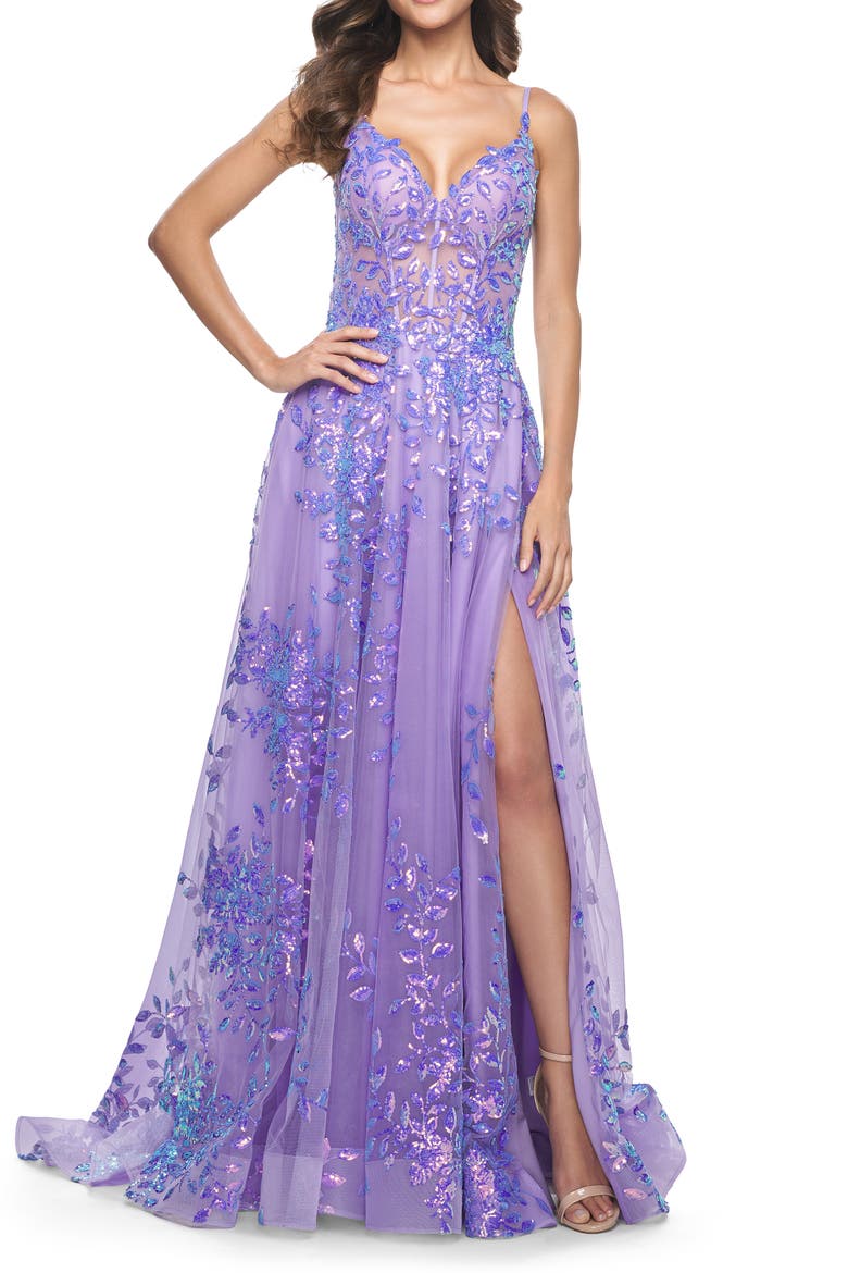 Sequin Lace Print Tulle A-Line Prom Dress with Illusion Bodice, Alternate, color, Periwinkle