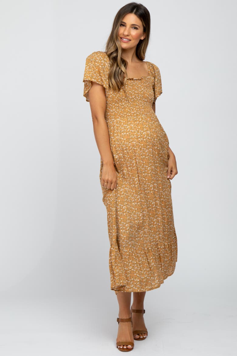 Floral Smocked Maxi Dress, Alternate, color, Gold