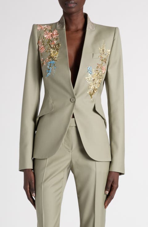 One-Button Wool Blazer with Floral Beadwork