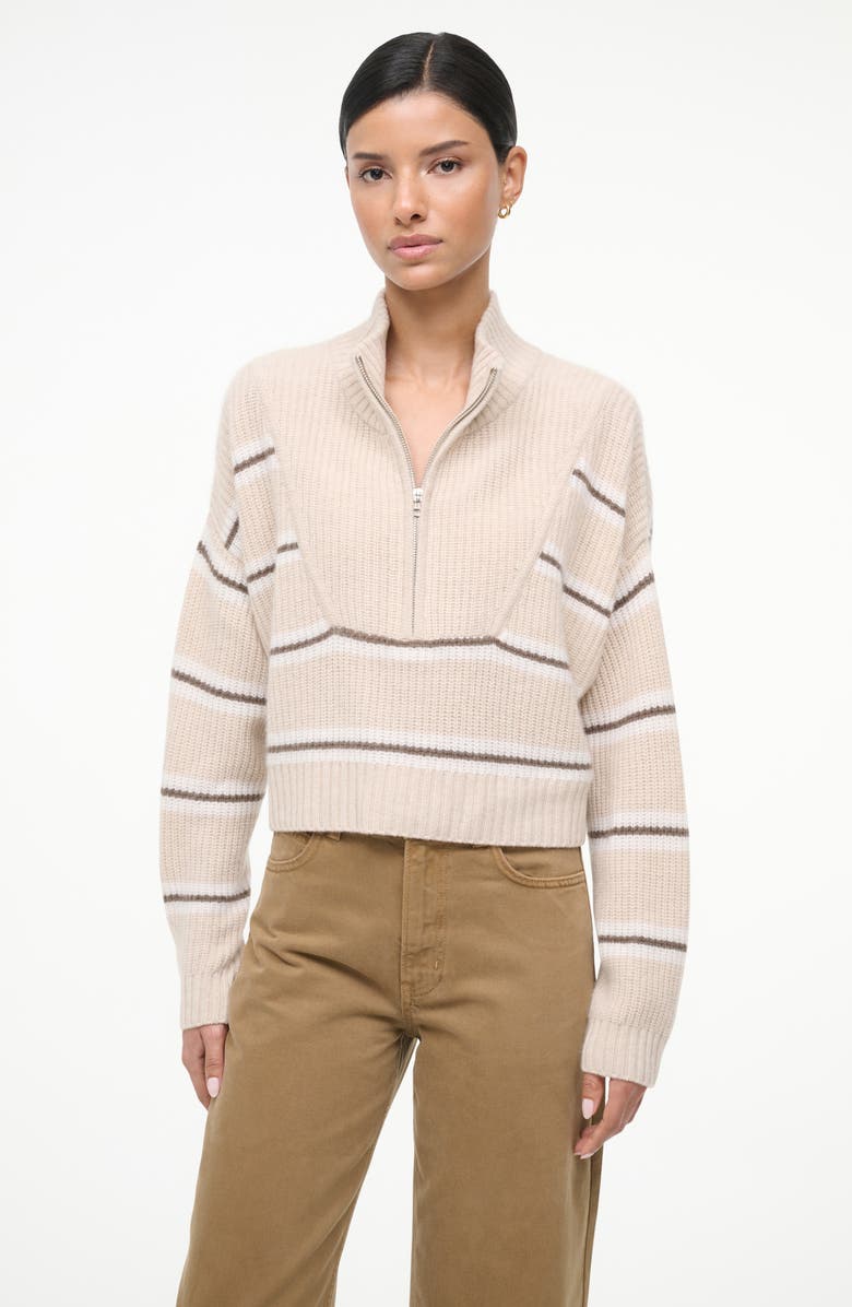 STAUD Hampton Crop Half Zip Cashmere Sweater, Alternate, color, Whisper Stripe