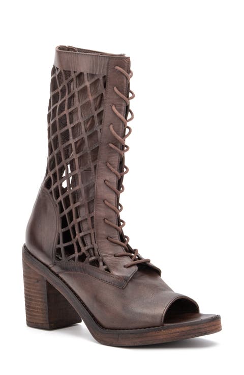 Normandy Leather Fishnet Cutout Block Heel Boot (Women)