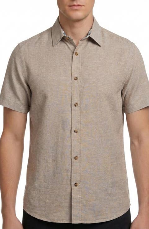 Short Sleeve Linen & Cotton Blend Button-Up Shirt