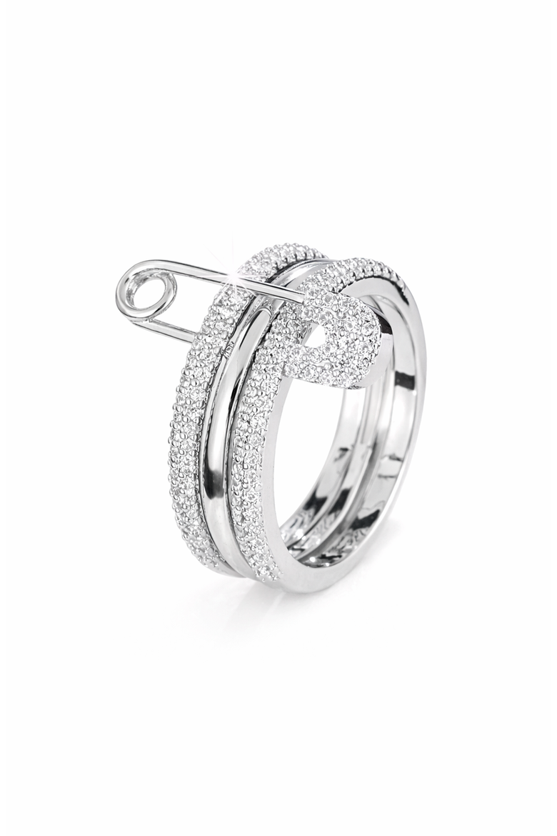 Cubic Zirconia Safety Pin Style Stainless Steel Ring, Main, color, Silver-Tone