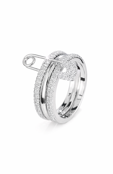 Cubic Zirconia Safety Pin Style Stainless Steel Ring