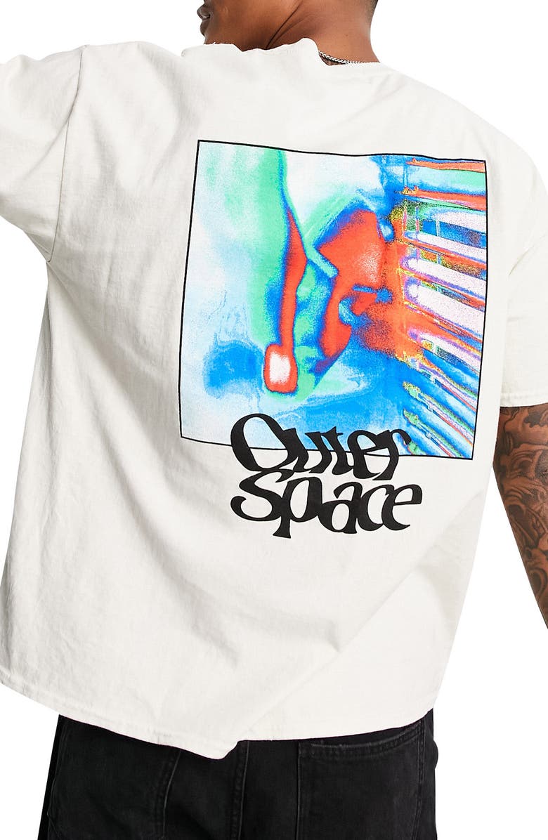 Topman Men's Oversize Outer Space Cotton Graphic Tee, Alternate, color, Stone