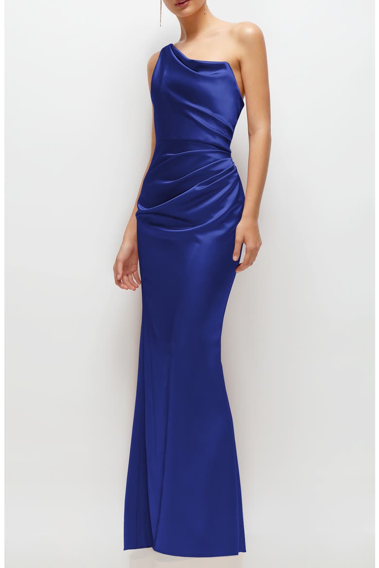One-Shoulder Satin Charmeuse Gown, Alternate, color, COBALT BLUE