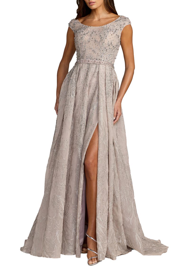 Embellished Cap Sleeve High Slit A Line Gown, Main, color, Taupe