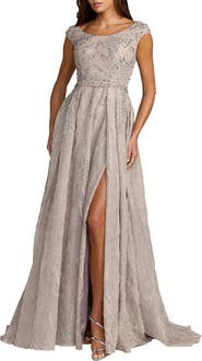 Mac Duggal Embellished Cap Sleeve High Slit A Line Gown