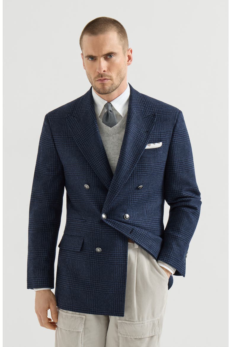 Comfort wool and cashmere Prince of Wales flannel one-and-a-half breasted Tailor blazer with metal buttons, Main, color, Blue