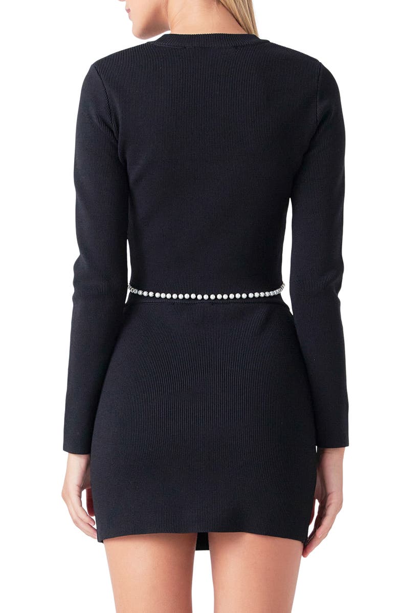 Endless Rose Imitation Pearl Trim Rib Crop Sweater, Alternate, color, Black