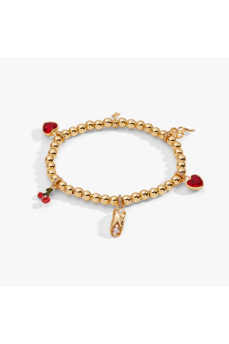 There Cannoli Be You' Bow & Heart Beaded Charm Stretch Bracelet, Alternate, color, Gold