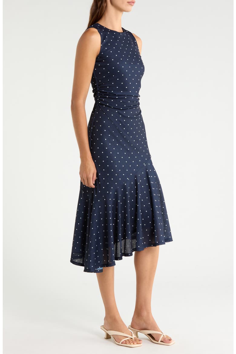 Daija Polka Dot Sleeveless Asymmetric Midi Dress, Alternate, color, NAVY POLKA DOTS