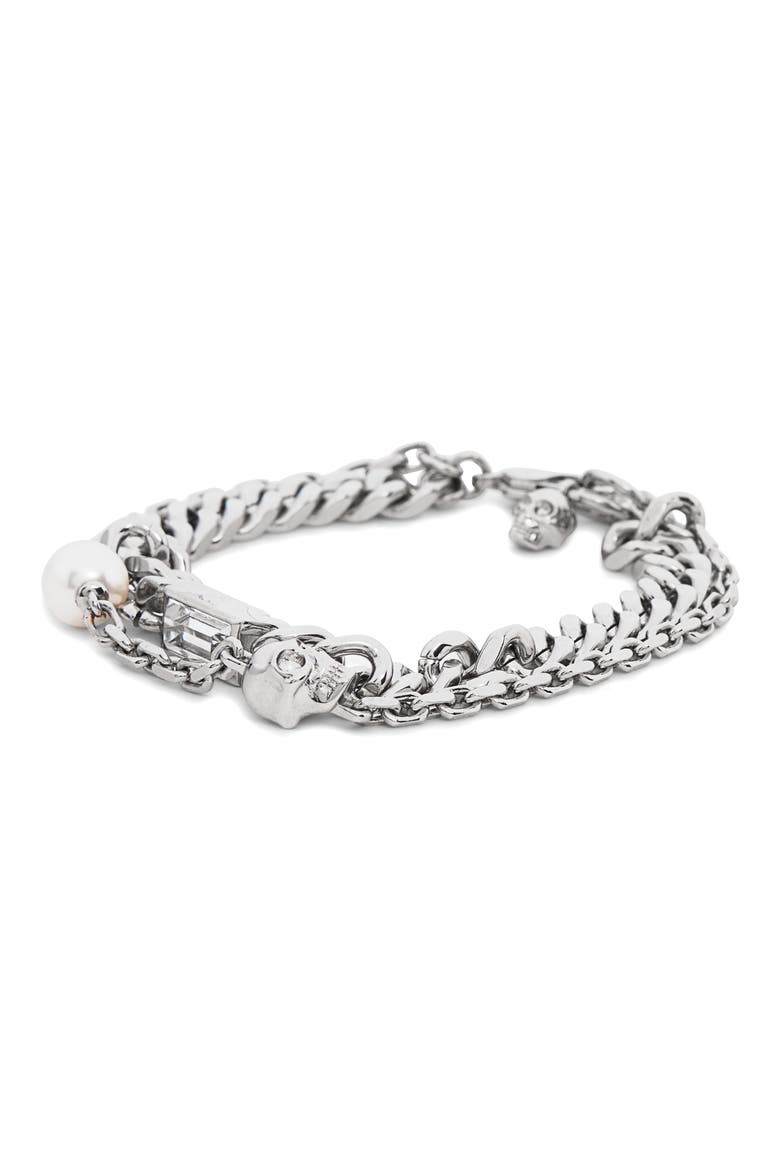 Men's Skull, Crystal & Faux Pearl Bracelet, Main, color, CRYSTAL/ PEARL