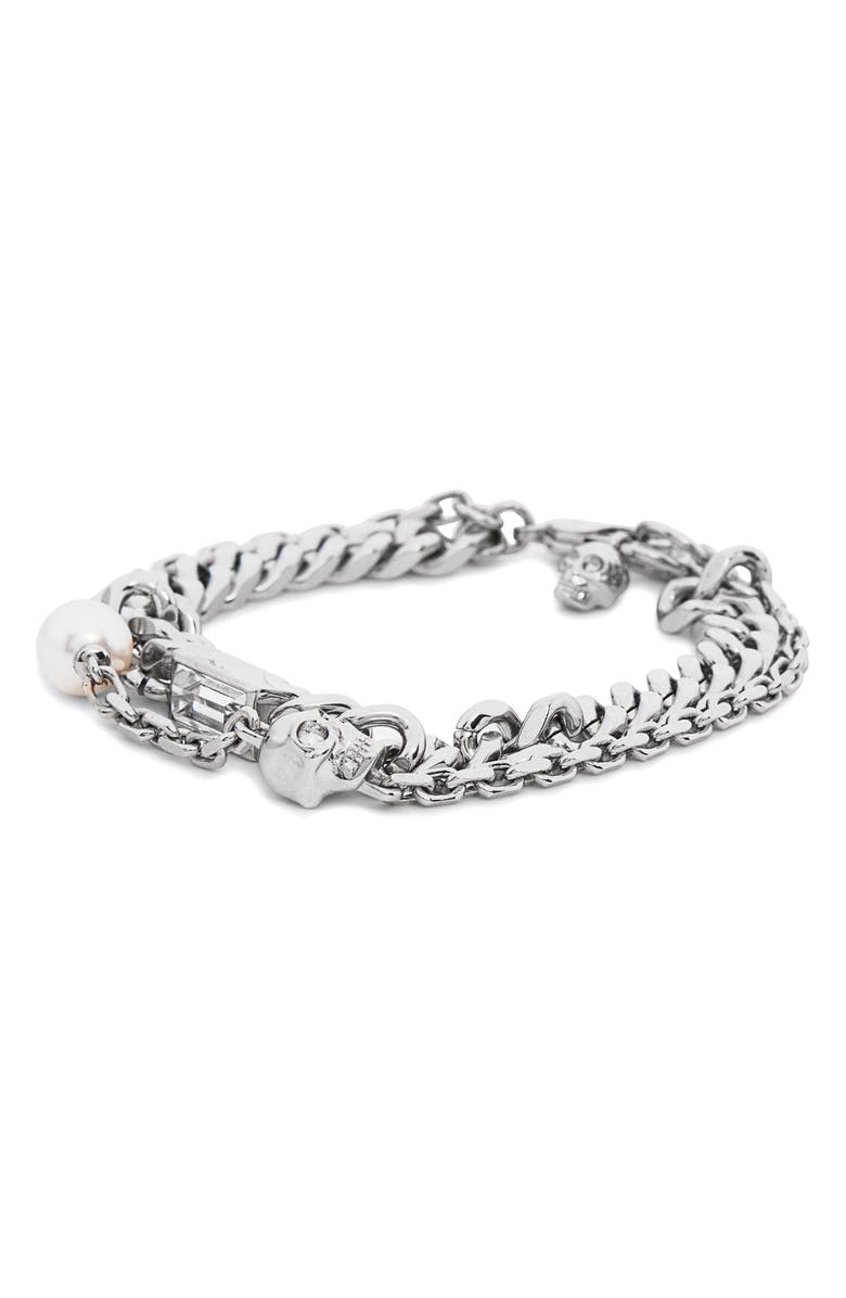 McQueen Men's Skull, Crystal & Faux Pearl Bracelet, Main, color, Crystal/ Pearl