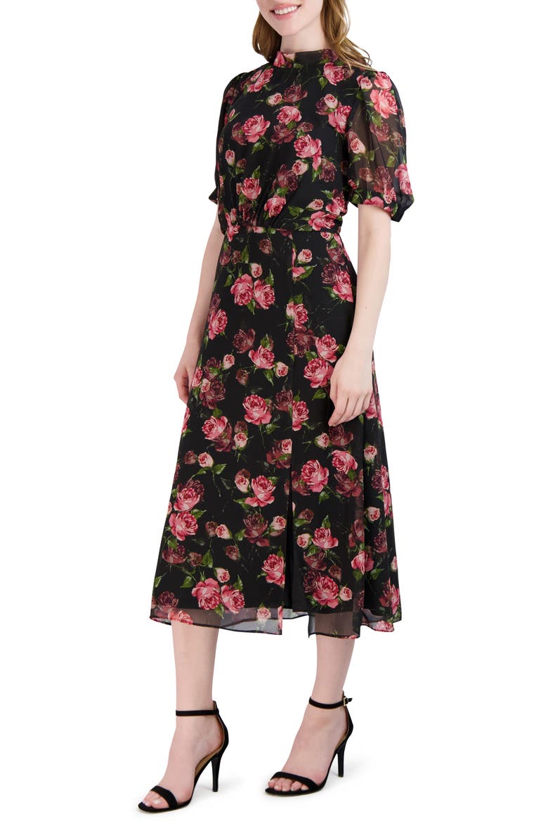Julia Jordan Floral Print Puff Sleeve Midi Dress, Alternate, color, 