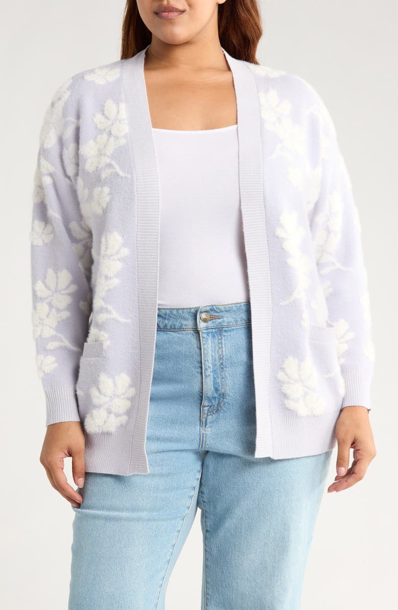 Gemma + Jane Floral Jacquard Long Cardigan, Main, color, Violet/ Ivory