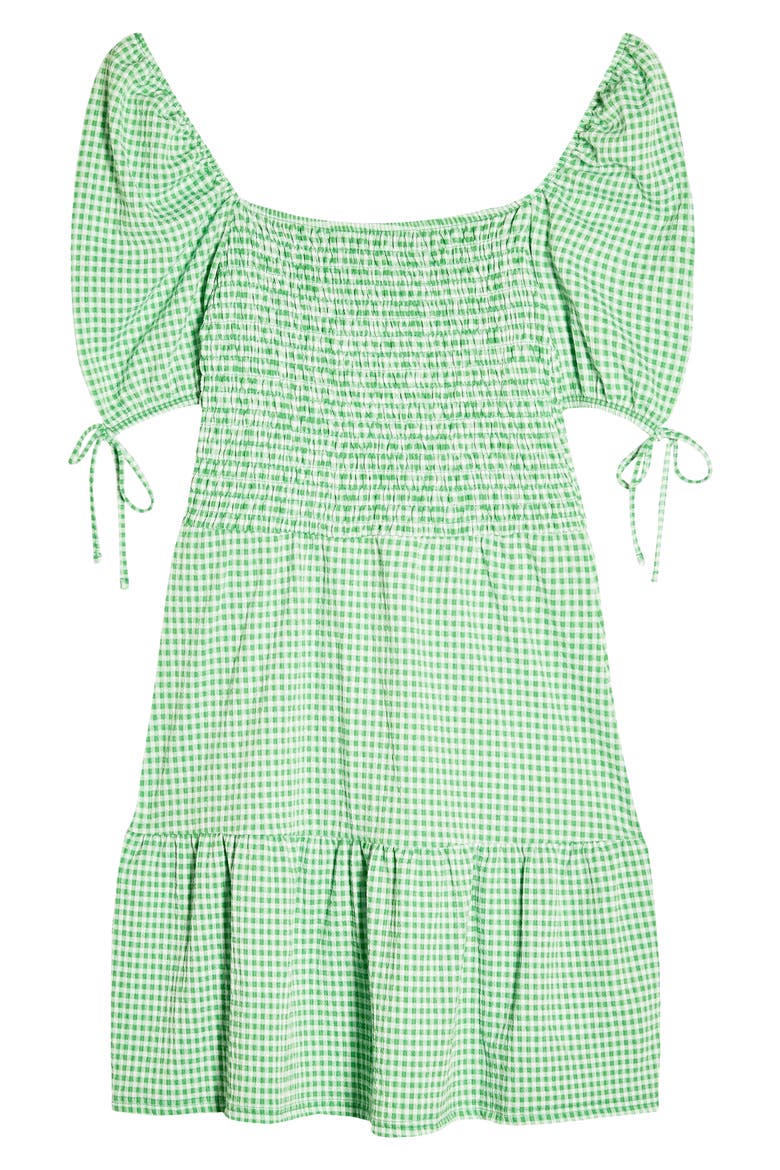 Gingham Shirred Tea Minidress, Alternate, color, GREEN MULTI