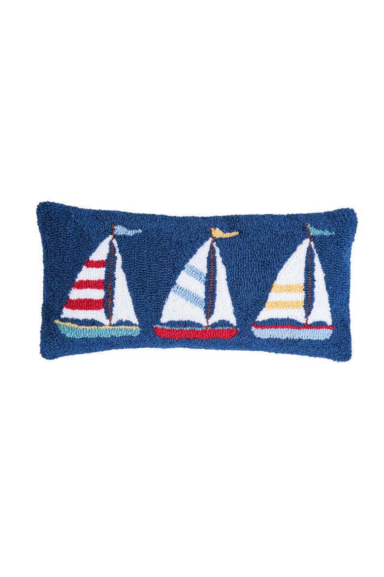 Sailboat Trio Blue Hooked Lumbar Accent Pillow 10" x 20", Main, color, Blue