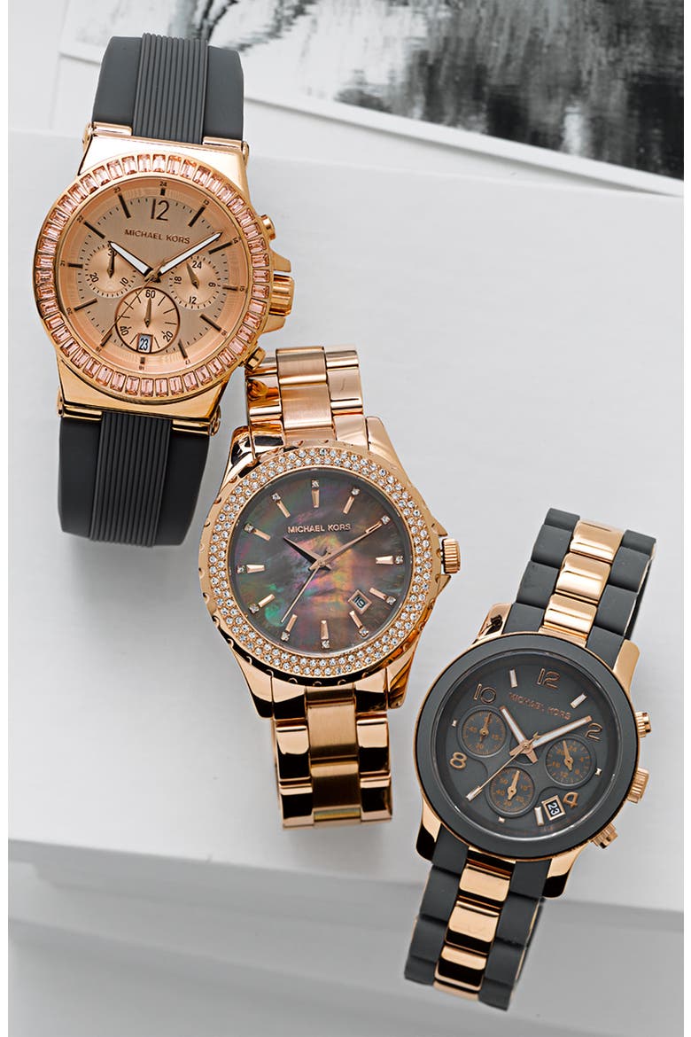 Michael Kors 'Silicone Runway' Rose Gold Chronograph Watch, Alternate, color, GREY/ ROSE GOLD