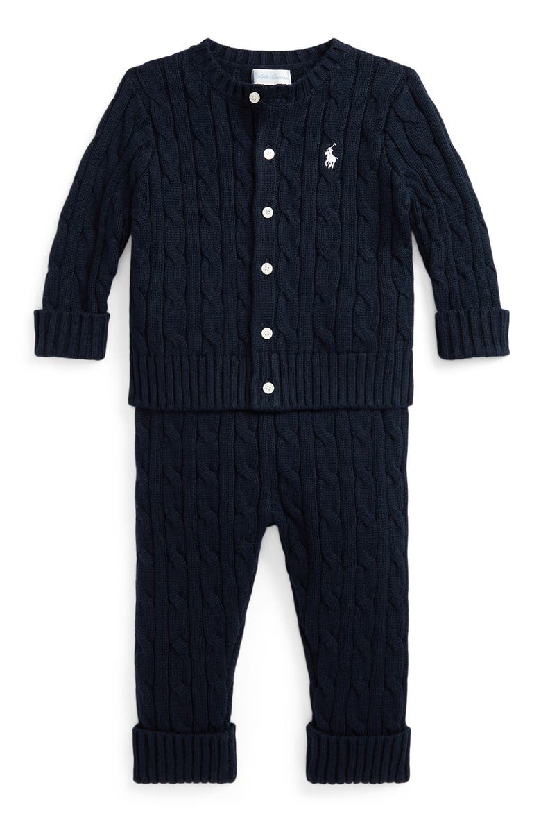 Ralph Lauren Cable Stitch Cotton Cardigan & Sweater Pants Set, Main, color, 