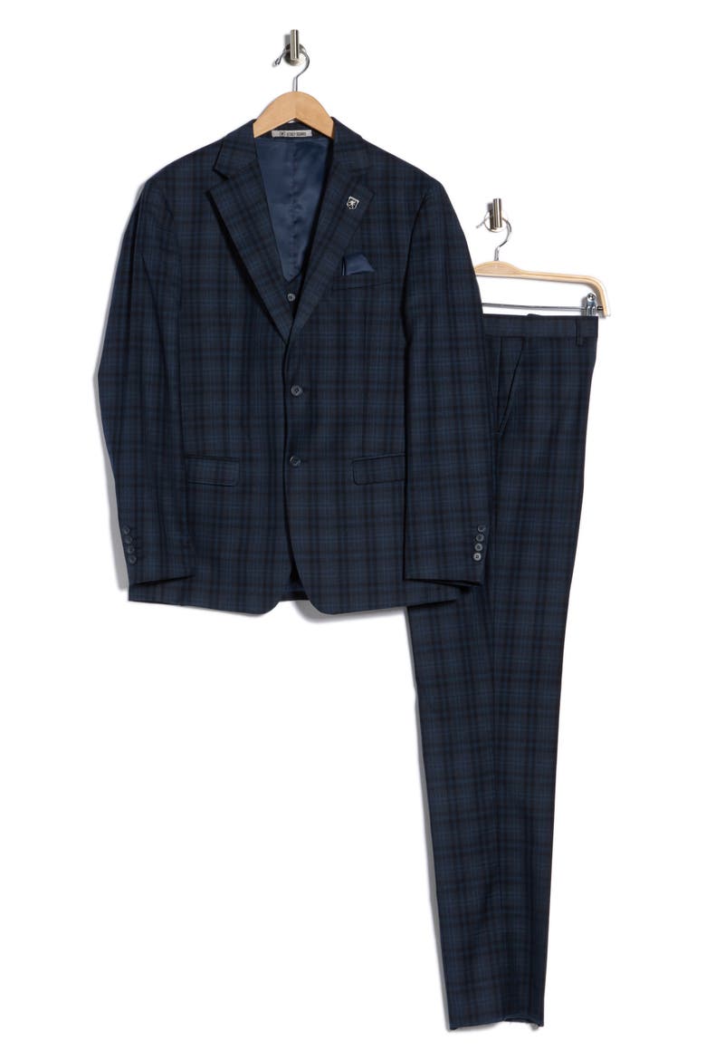 Glen Plaid Stretch 3-Piece Suit, Alternate, color, NAVY