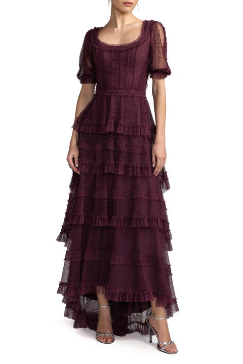 Ruffle Tiered Puff Sleeve High-Low Gown