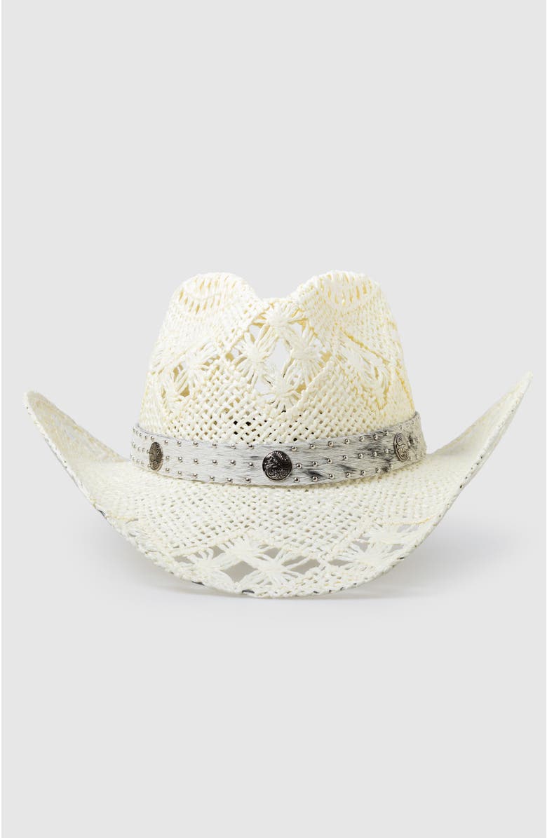 Manela Twister Annie  Handwoven Straw Sun Hat - Bohemian Summer Cowboy Hat, Alternate, color, White  / Gray