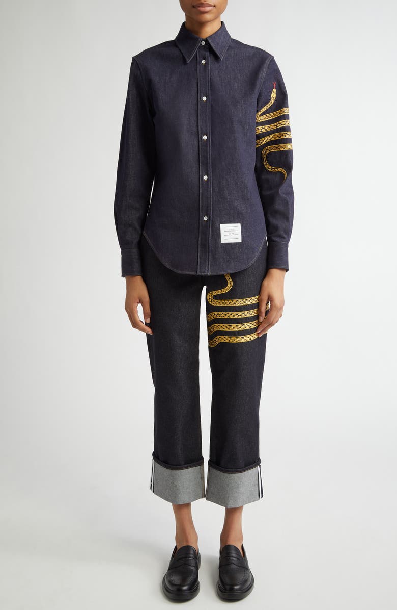 Thom Browne Lunar New Year Snake 4-Bar Denim Button-Up Shirt, Alternate, color,