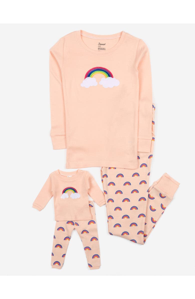 Leveret Girls 2-pc. Cotton Pajamas with Matching Doll Accessory - Spring & Everyday Prints, Main, color, Rainbow Retro Peach
