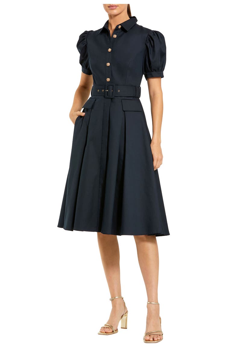Mac Duggal Puff Sleeve Twill Button Up Midi Dress With Belt, Main, color, Midnight
