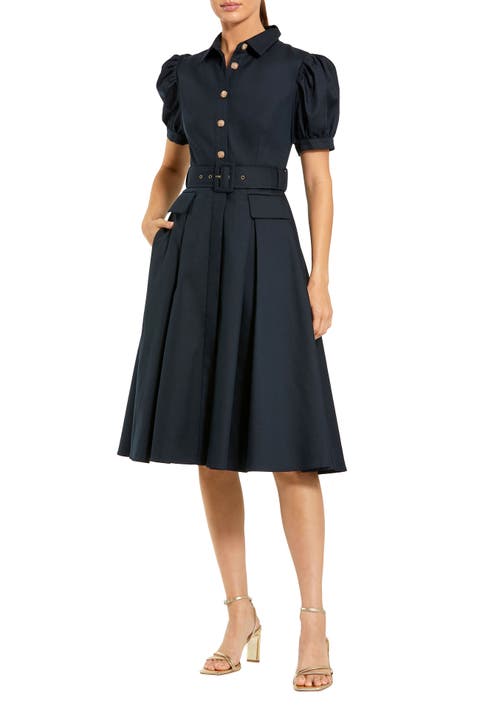 Puff Sleeve Twill Button Up Midi Dress With Belt
