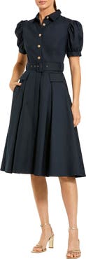 Mac Duggal Puff Sleeve Twill Button Up Midi Dress With Belt