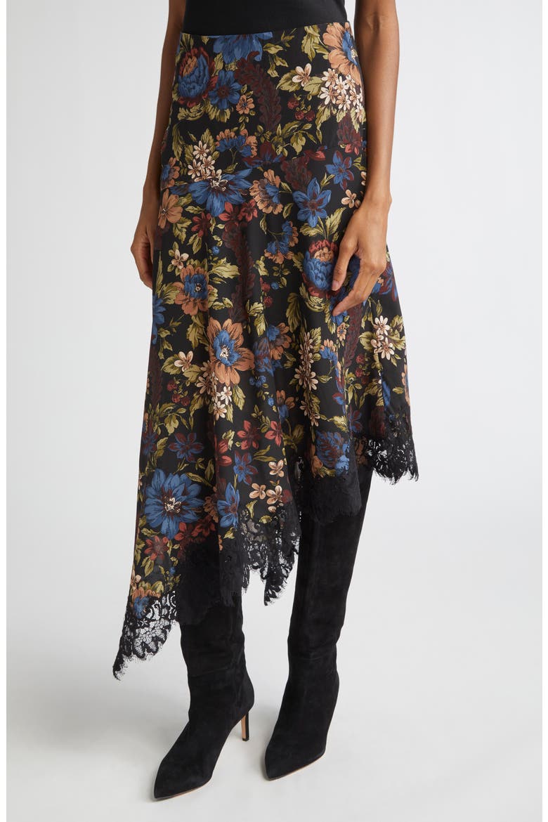 Rosemary Floral Asymmetric Hem Stretch Silk Skirt, Alternate, color, BLACK MULTI