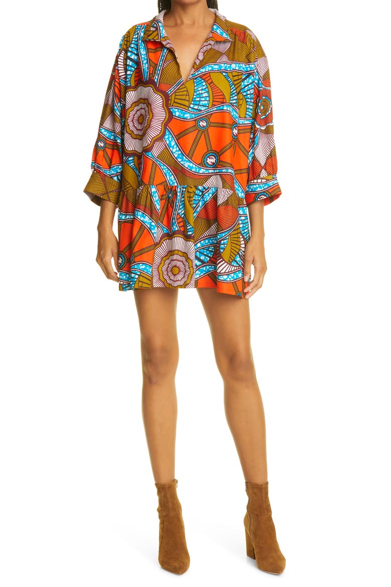 Curator Wave Print Drop Waist Tunic, Main, color, BRICK BLUE GREEN WAX