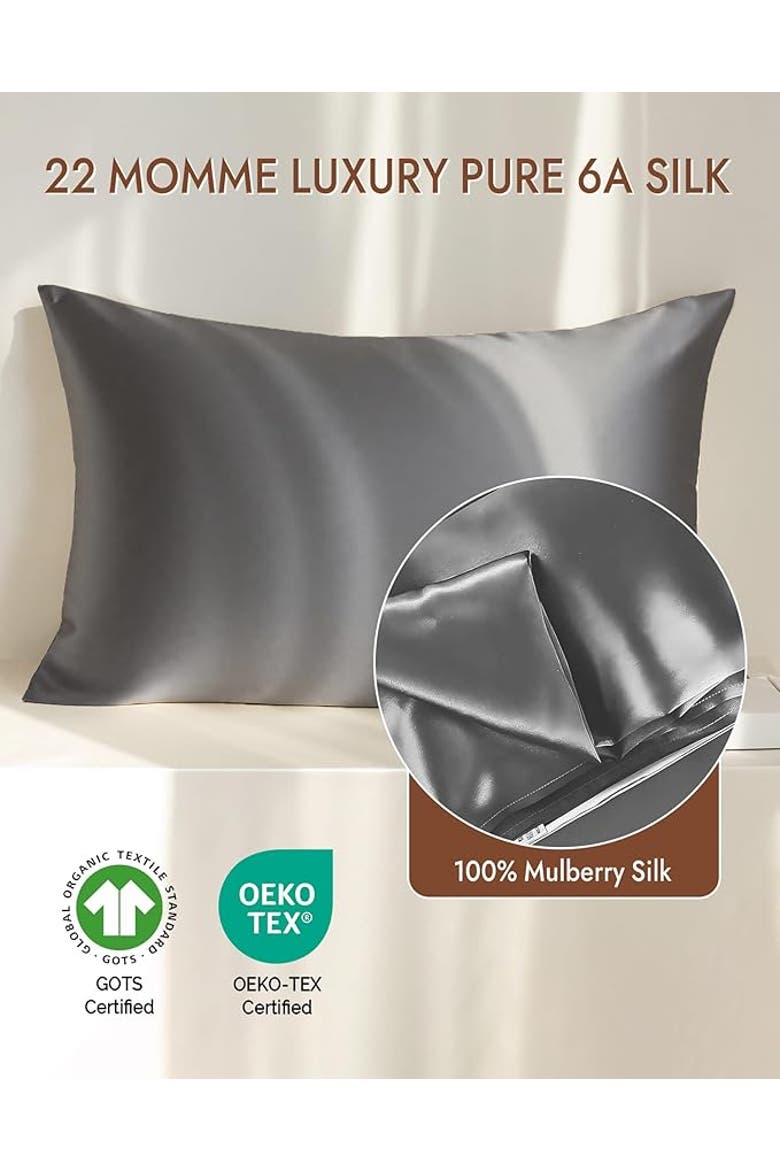 22Momme 100% Mulberry Silk Envelope Pillowcase, Alternate, color, DarkGray