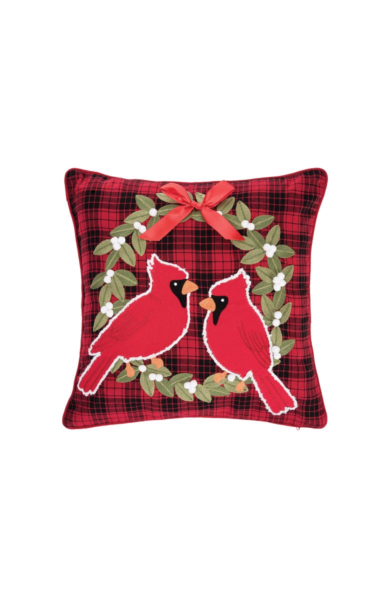 C&F Home Red Cardinal on Holly Wreath Plaid Cotton Blend Christmas Tufted Accent Throw Pillow 18" x 18", Main, color, Red