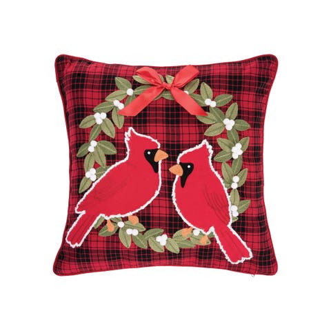 Red Cardinal on Holly Wreath Plaid Cotton Blend Christmas Tufted Accent Throw Pillow 18" x 18"